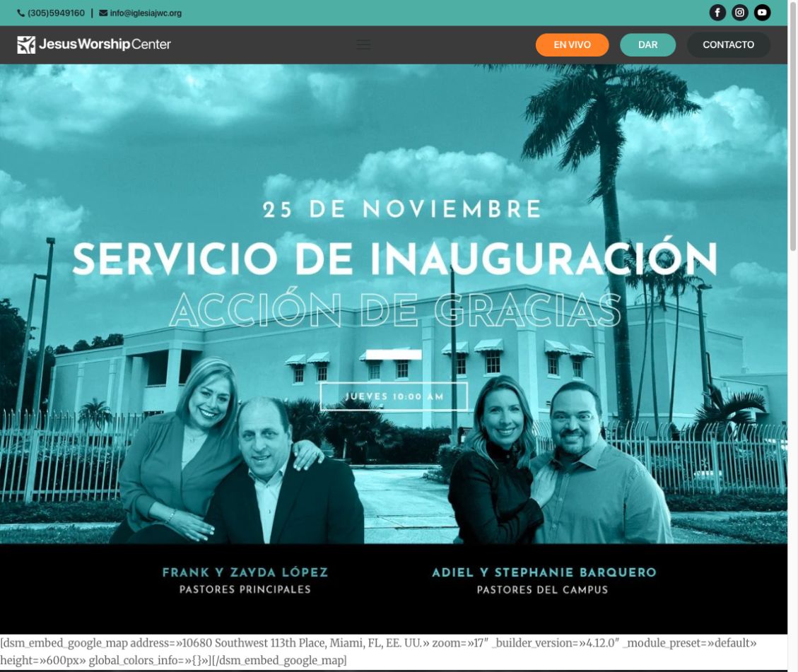 Página del campus de Kendall: debajo de la imagen de los pastores aparece una línea de código en lugar de un mapa.