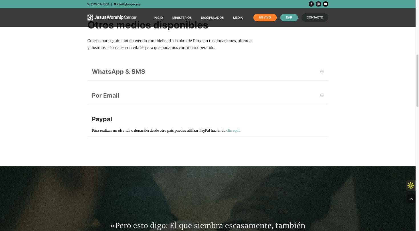 Sección Paypal en la página de donaciones, con el texto que ofrece PayPal y el enlace clic aquí.